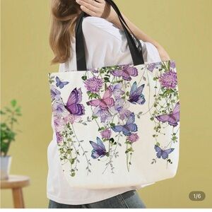 Floral Butterfly Tote Bag - Purple and White
